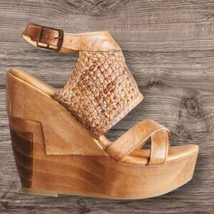 BED|STU Wedges Tan Braided Leather Sandals
